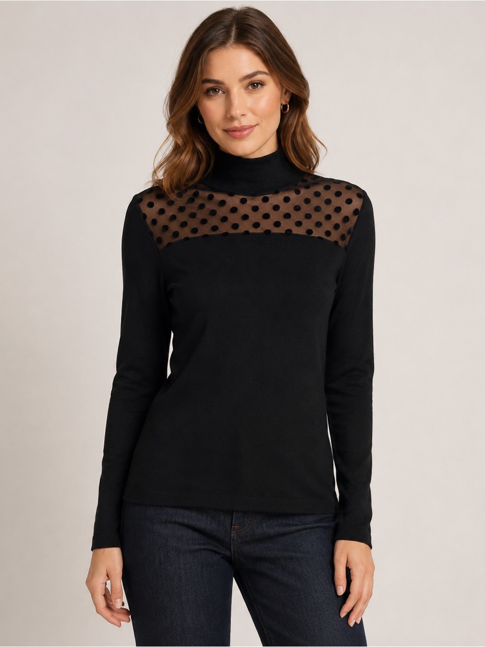August Silk Black Modal Blend Mock Neck Sweater Small Sheer Polka Dot Mesh